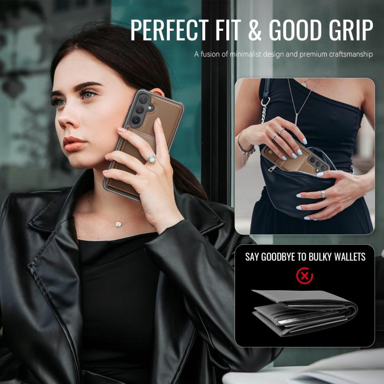 Funda de cuero con hebilla magnética para Samsung Galaxy S24+ 5G JEEHOOD J09, con ranuras para tarjetas, estilo RFID y MagSafe (marrón)