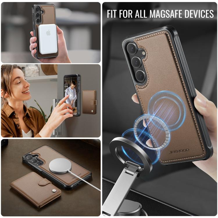 Funda de cuero con hebilla magnética para Samsung Galaxy S24+ 5G JEEHOOD J09, con ranuras para tarjetas, estilo RFID y MagSafe (marrón)