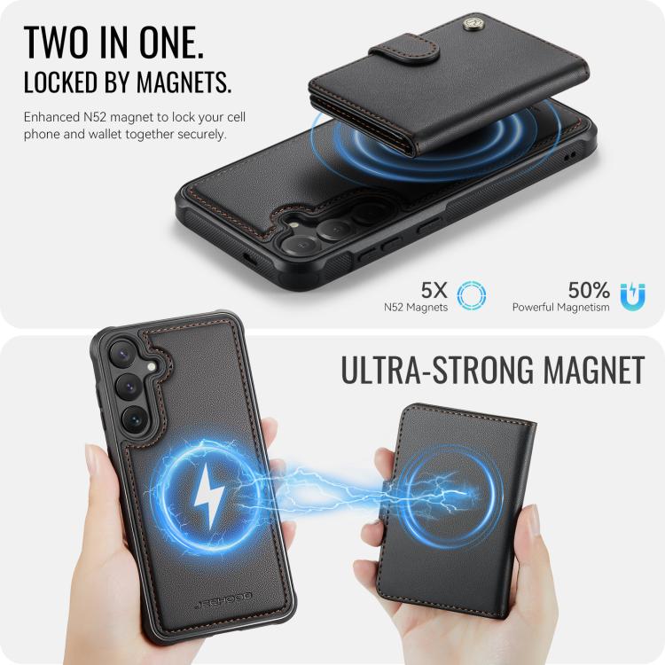 Funda de cuero con hebilla magnética para Samsung Galaxy S24+ 5G JEEHOOD J09, con ranuras para tarjetas, MagSafe, RFID (negro)