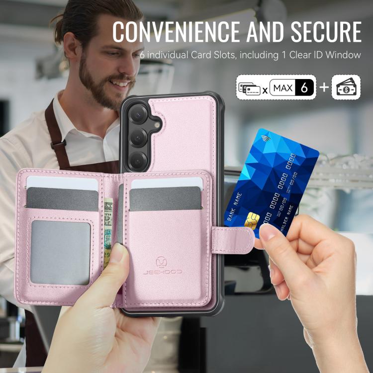 Funda de cuero con hebilla magnética para Samsung Galaxy S24 5G JEEHOOD J09, con ranuras para tarjetas, estilo RFID y MagSafe (rosa)