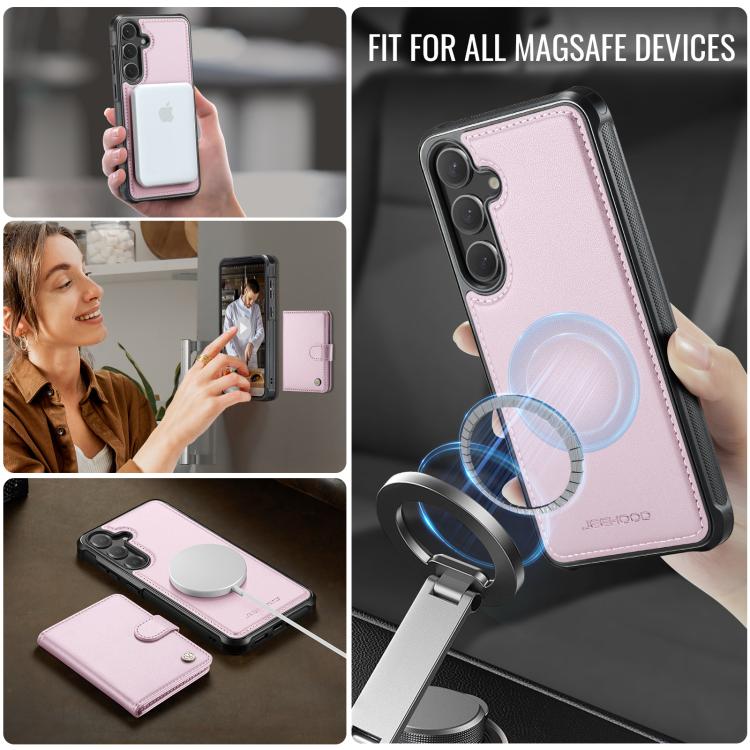 Funda de cuero con hebilla magnética para Samsung Galaxy S24 5G JEEHOOD J09, con ranuras para tarjetas, estilo RFID y MagSafe (rosa)