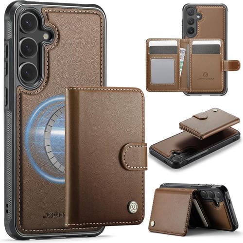 Funda de cuero con hebilla magnética para Samsung Galaxy S24 5G JEEHOOD J09, con ranuras para tarjetas, MagSafe, RFID (marrón)