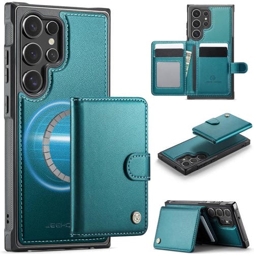For Samsung Galaxy S23 Ultra 5G JEEHOOD J09 Buckle Card Bag MagSafe Magnetic Style RFID Leather Phone Case(Green)
