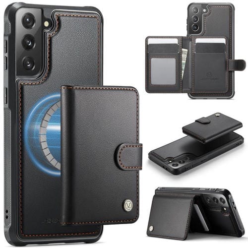Funda de cuero con hebilla magnética para Samsung Galaxy S21+ 5G JEEHOOD J09, con ranuras para tarjetas, estilo RFID y MagSafe (negro)