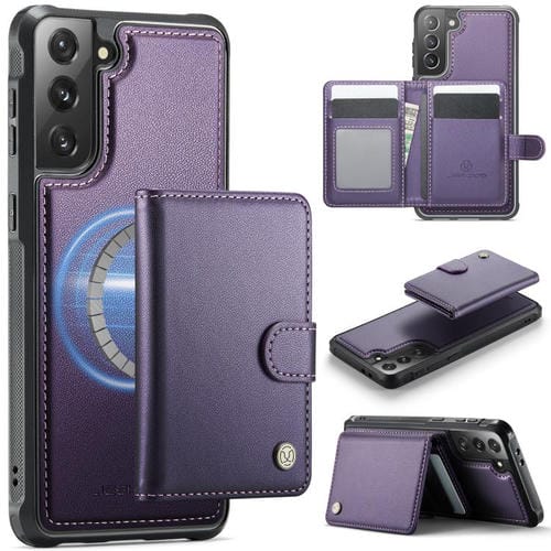 Funda de cuero con hebilla magnética para Samsung Galaxy S21 5G JEEHOOD J09, con ranuras para tarjetas, MagSafe, RFID (morado)