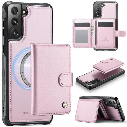 Funda de cuero con hebilla magnética para Samsung Galaxy S21 5G JEEHOOD J09, con ranuras para tarjetas, MagSafe, RFID (rosa)