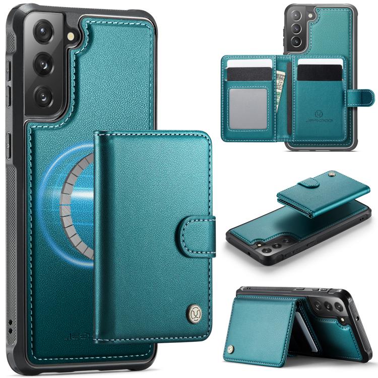 Funda de cuero con hebilla magnética para Samsung Galaxy S21 FE 5G JEEHOOD J09, con ranuras para tarjetas, MagSafe, RFID (verde)