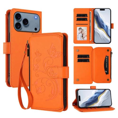Funda de cuero con cremallera para iPhone 17 Pro Max, diseño de mariposas, flores y amor (naranja)