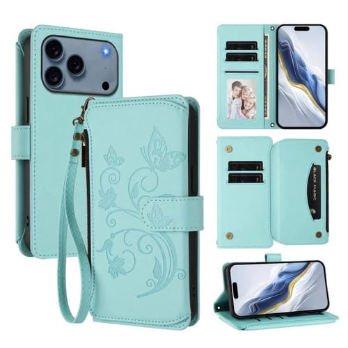 Funda de cuero con cremallera para iPhone 17 Pro Max, diseño de mariposas, flores y amor (verde menta)