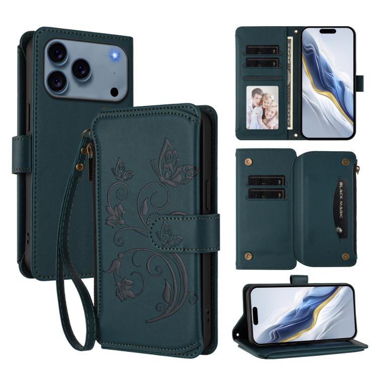 Funda de cuero con cremallera para iPhone 17 Pro, diseño de mariposas, flores y amor (verde oscuro)