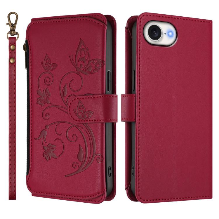 Funda de cuero con cremallera para iPhone 16e, diseño de mariposas, flores y amor (rojo vino)