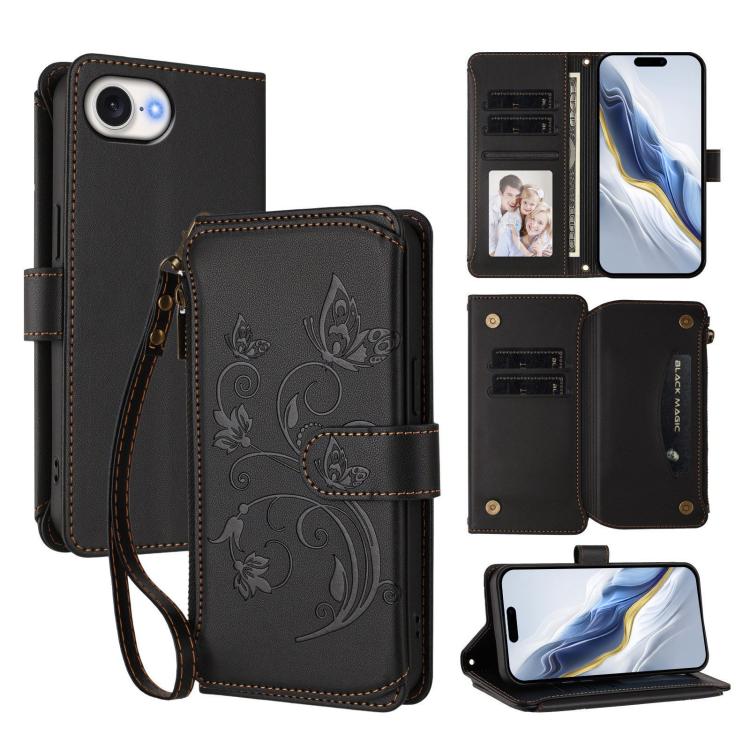 Funda de cuero con cremallera para iPhone 16e, diseño de mariposas, flores y amor, con múltiples tarjetas (negro)