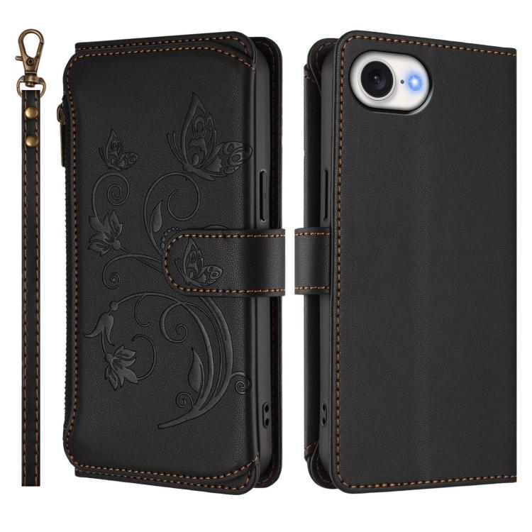 Funda de cuero con cremallera para iPhone 16e, diseño de mariposas, flores y amor, con múltiples tarjetas (negro)