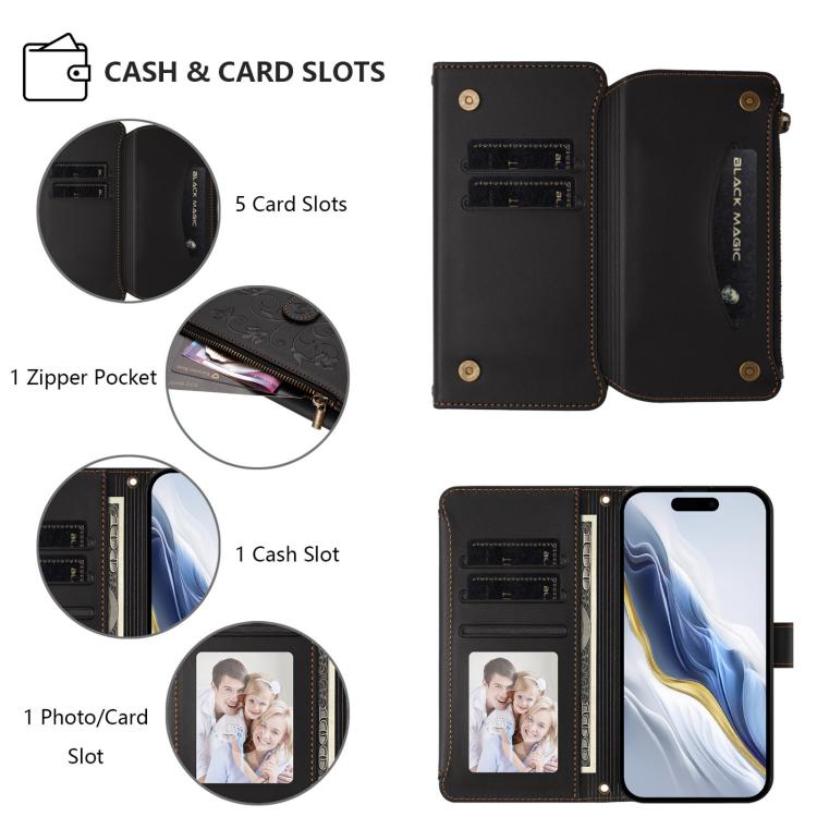 Funda de cuero con cremallera para iPhone 16e, diseño de mariposas, flores y amor, con múltiples tarjetas (negro)