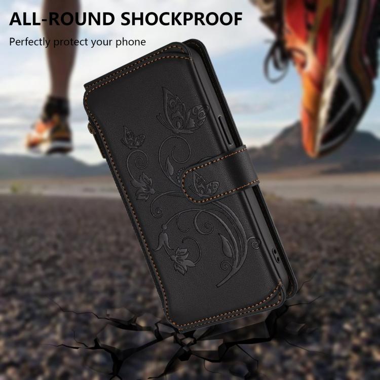 Funda de cuero con cremallera para iPhone 16e, diseño de mariposas, flores y amor, con múltiples tarjetas (negro)