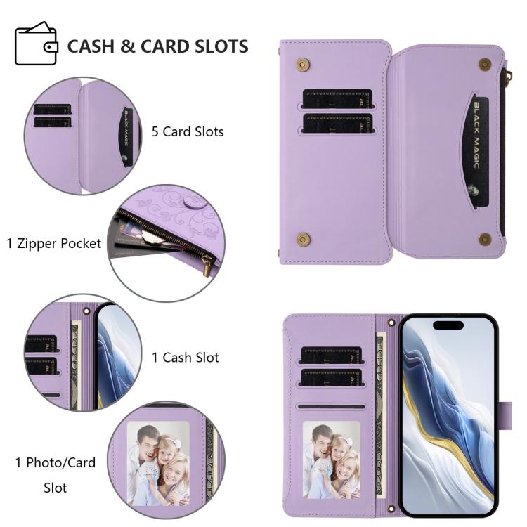 Funda de cuero con cremallera para iPhone 16e, diseño de mariposas, flores y amor (morado claro)