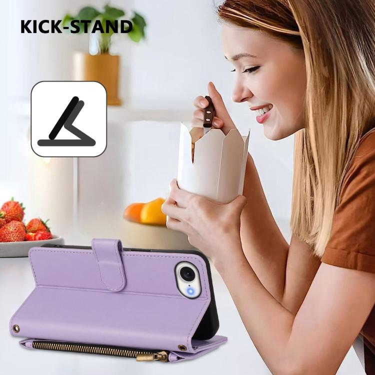 Funda de cuero con cremallera para iPhone 16e, diseño de mariposas, flores y amor (morado claro)