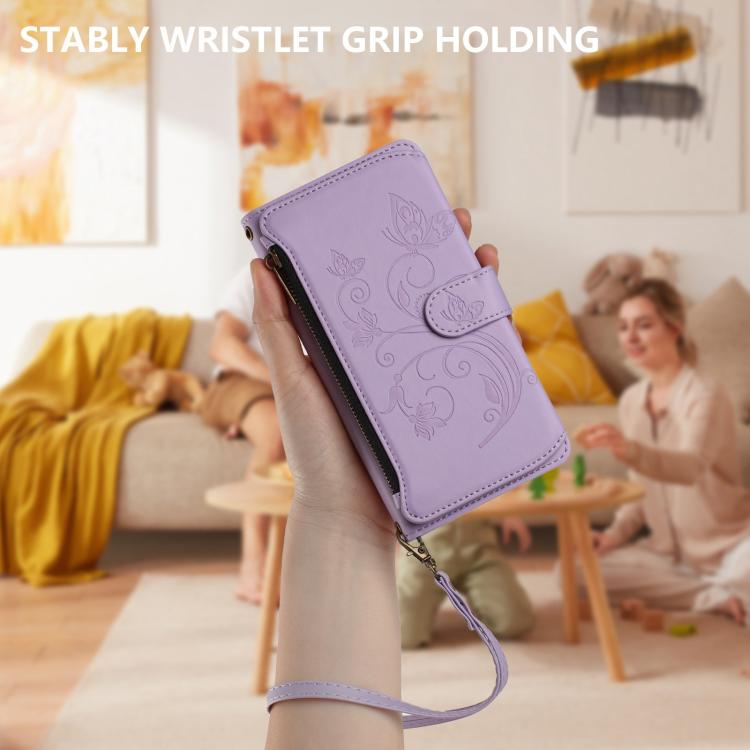 Funda de cuero con cremallera para iPhone 16e, diseño de mariposas, flores y amor (morado claro)