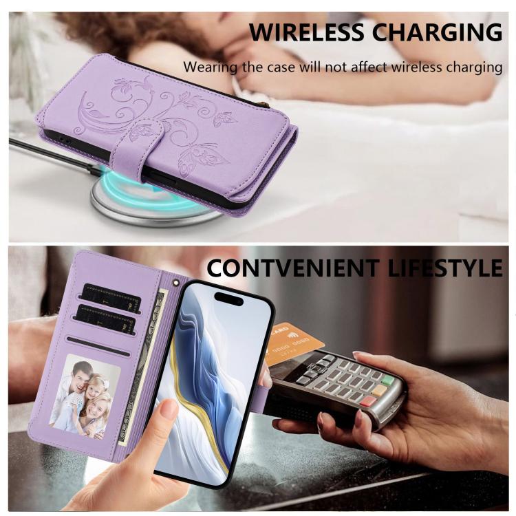 Funda de cuero con cremallera para iPhone 16e, diseño de mariposas, flores y amor (morado claro)