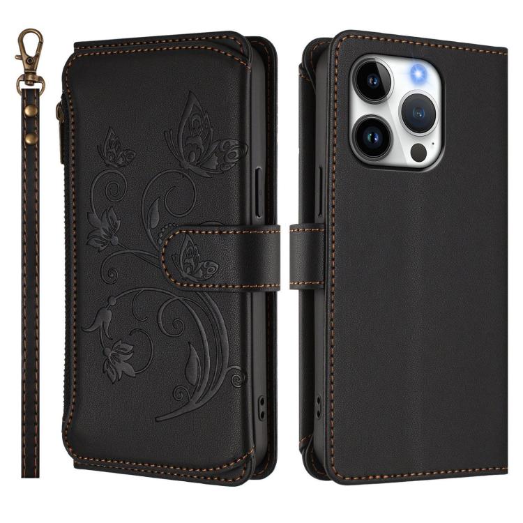 Funda de cuero con cremallera para iPhone 16 Pro Max, diseño de mariposas, flores y amor, con múltiples tarjetas (negro)