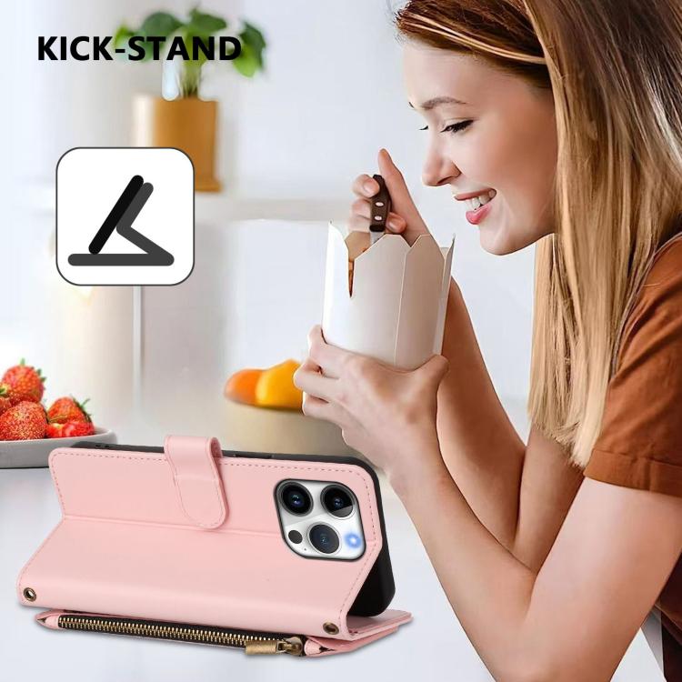 Funda de cuero con cremallera para iPhone 16 Pro Max, diseño de mariposas, flores y amor (rosa)