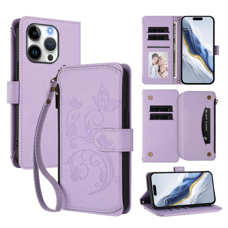 Funda de cuero con cremallera para iPhone 16 Pro Max, diseño de mariposas, flores y amor (morado claro)