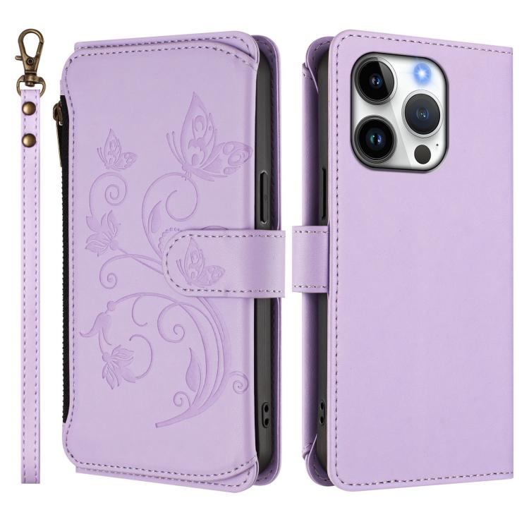 Funda de cuero con cremallera para iPhone 16 Pro Max, diseño de mariposas, flores y amor (morado claro)