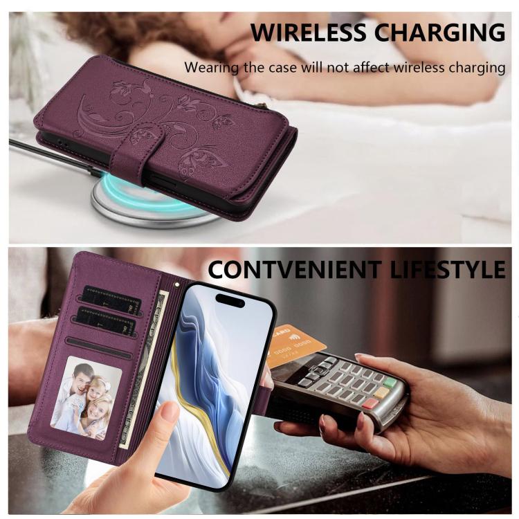 Funda de cuero con cremallera para iPhone 16 Pro, diseño de mariposas, flores y amor (morado oscuro)