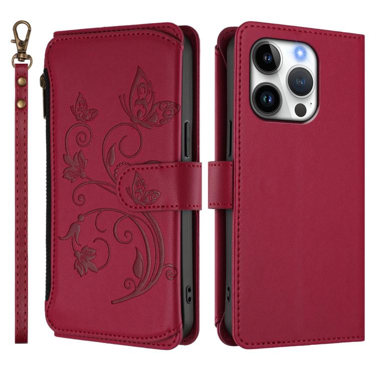 Funda de cuero con cremallera para iPhone 16 Pro, diseño de mariposas, flores y amor (rojo vino)