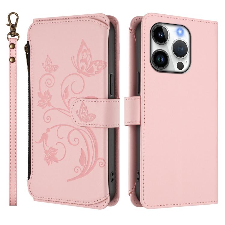 Funda de cuero con cremallera para iPhone 16 Pro, diseño de mariposas, flores y amor (rosa)