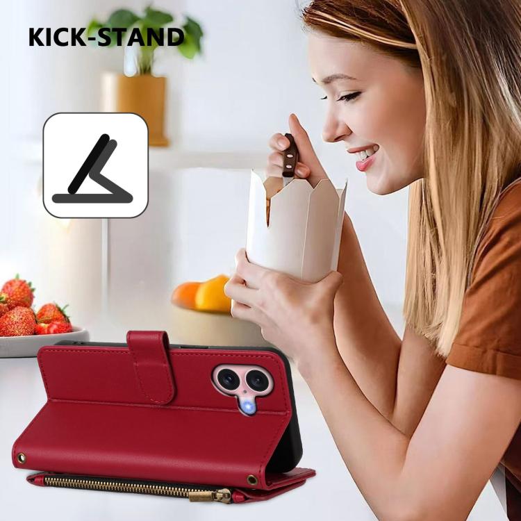 Funda de cuero con cremallera para iPhone 16 Plus, diseño de mariposas, flores y amor (rojo vino)