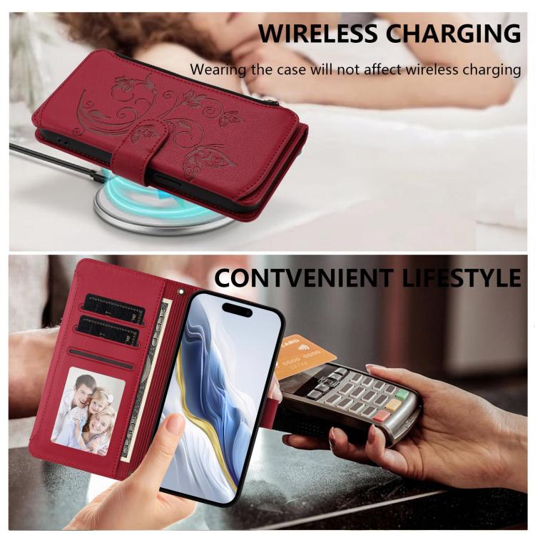 Funda de cuero con cremallera para iPhone 16 Plus, diseño de mariposas, flores y amor (rojo vino)