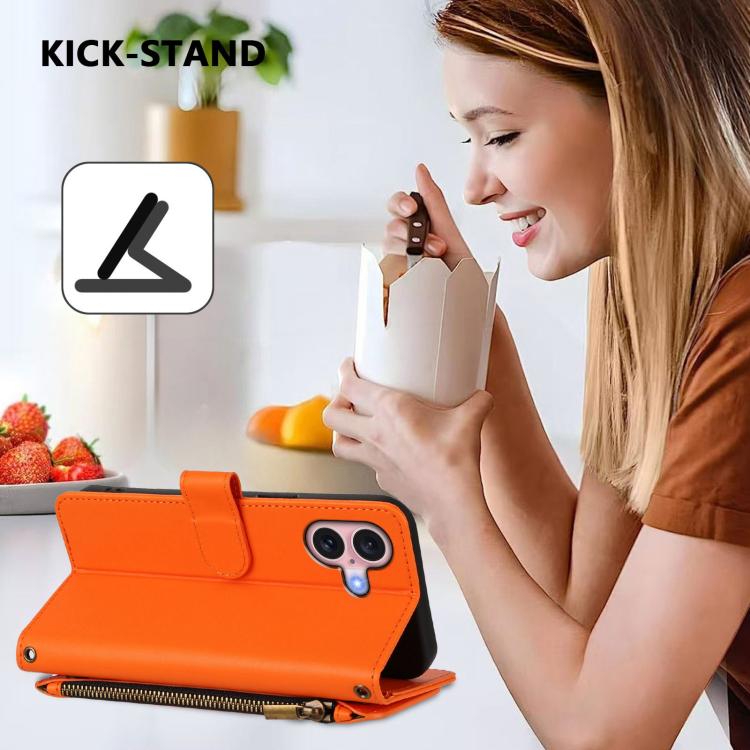 Funda de cuero con cremallera para iPhone 16 Plus, diseño de mariposas, flores y amor (naranja)