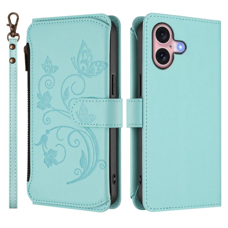 Funda de cuero con cremallera para iPhone 16 Plus, diseño de mariposas, flores y amor (verde menta)