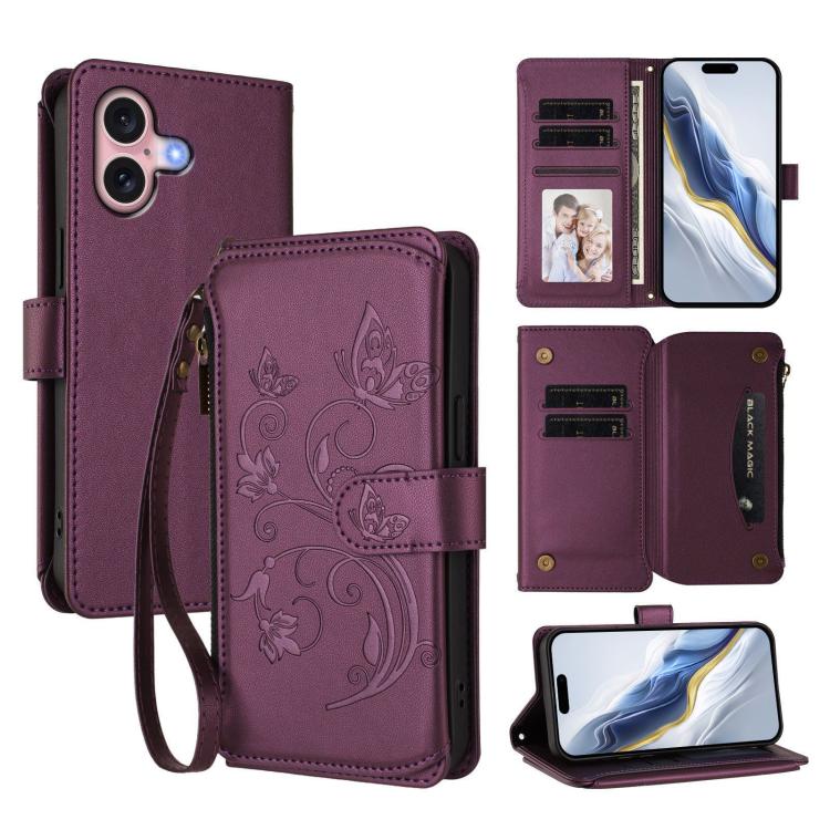 Funda de cuero con cremallera para iPhone 16, diseño de mariposas, flores y amor (morado oscuro)