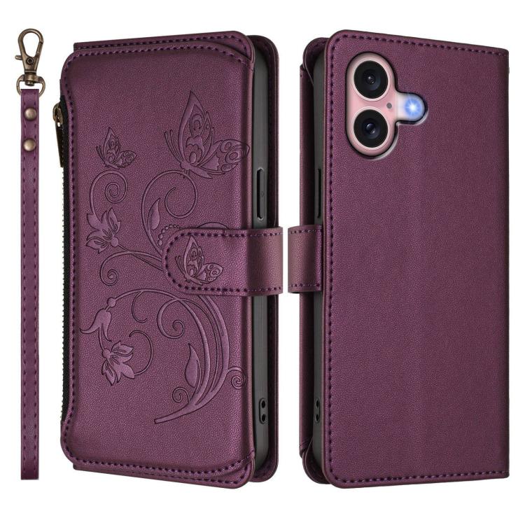 Funda de cuero con cremallera para iPhone 16, diseño de mariposas, flores y amor (morado oscuro)