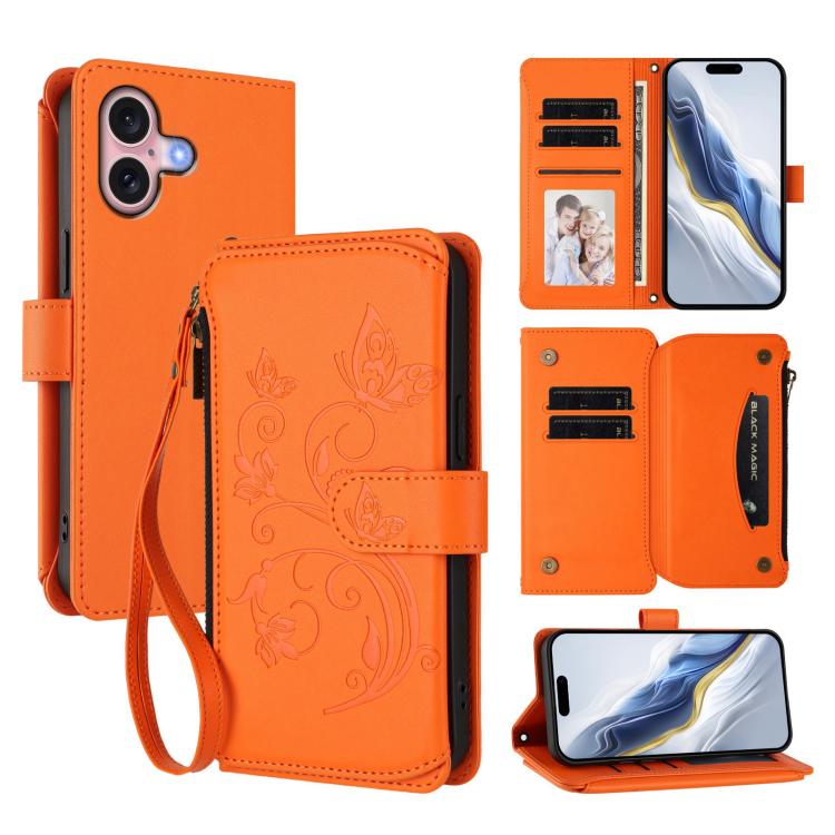 Funda de cuero con cremallera para iPhone 16, diseño de mariposas, flores y amor (naranja)