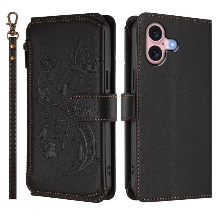 Funda de cuero con cremallera para iPhone 16, diseño de mariposas, flores y amor, con múltiples tarjetas (negro)