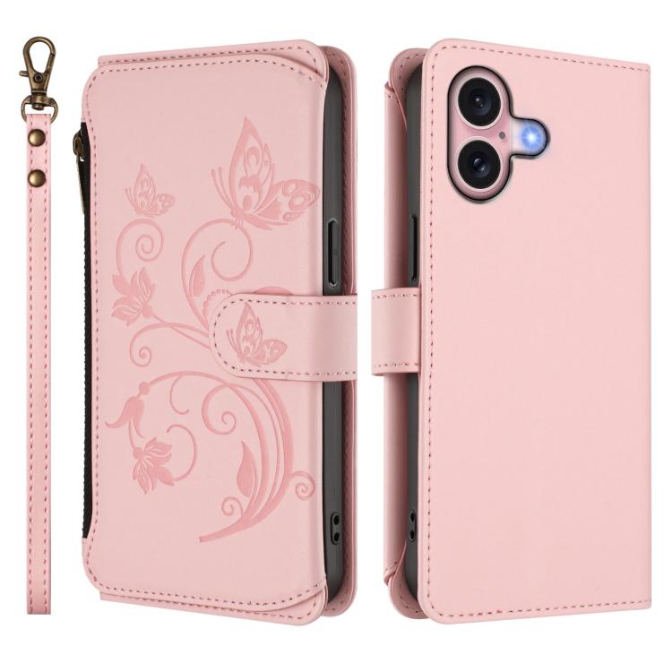 Funda de cuero con cremallera para iPhone 16, diseño de mariposas, flores y amor (rosa)