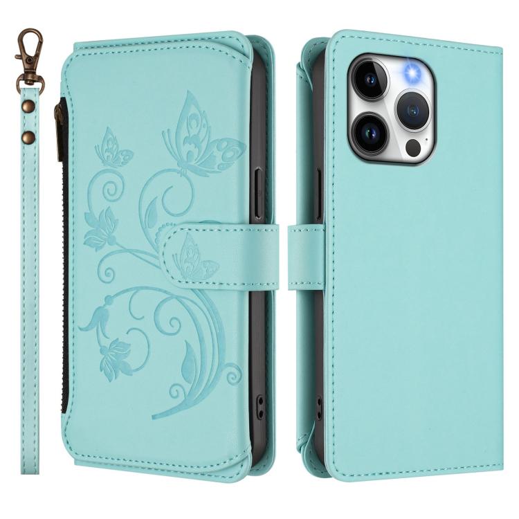 Funda de cuero con cremallera para iPhone 15 Pro Max, diseño de mariposas, flores y amor (verde menta)