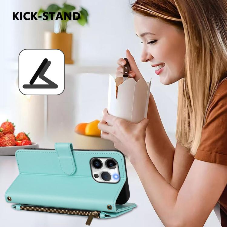 Funda de cuero con cremallera para iPhone 15 Pro Max, diseño de mariposas, flores y amor (verde menta)
