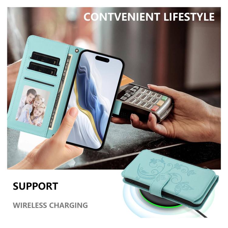 Funda de cuero con cremallera para iPhone 15 Pro Max, diseño de mariposas, flores y amor (verde menta)