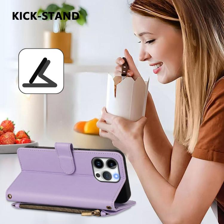 Funda de cuero con cremallera para iPhone 15 Pro Max, diseño de mariposas, flores y amor (morado claro)