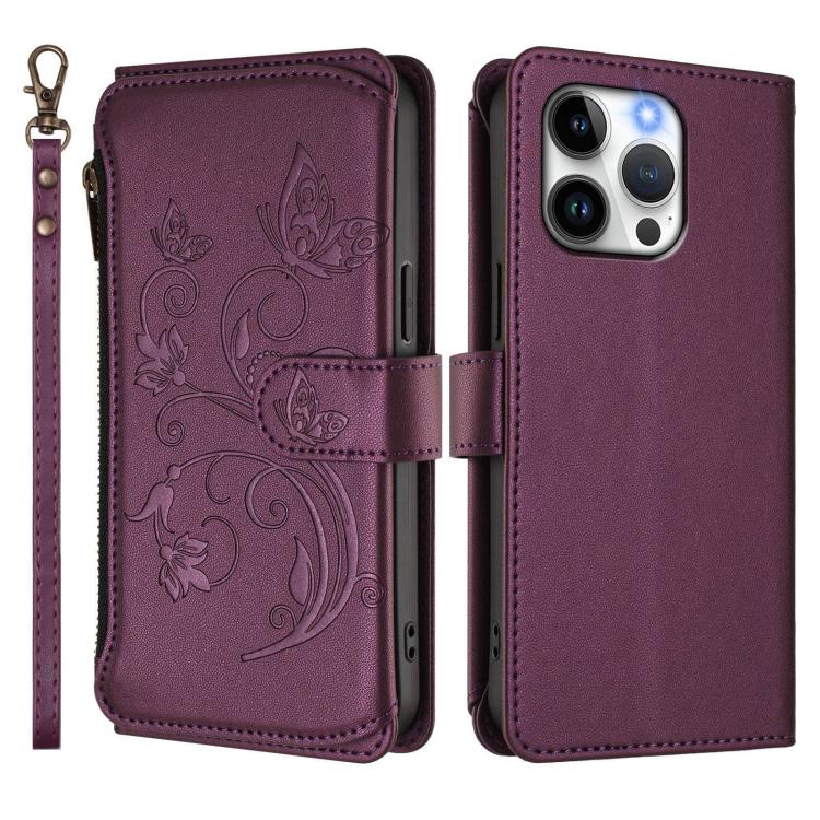 Funda de cuero con cremallera para iPhone 15 Pro, diseño de mariposas, flores y amor (morado oscuro)