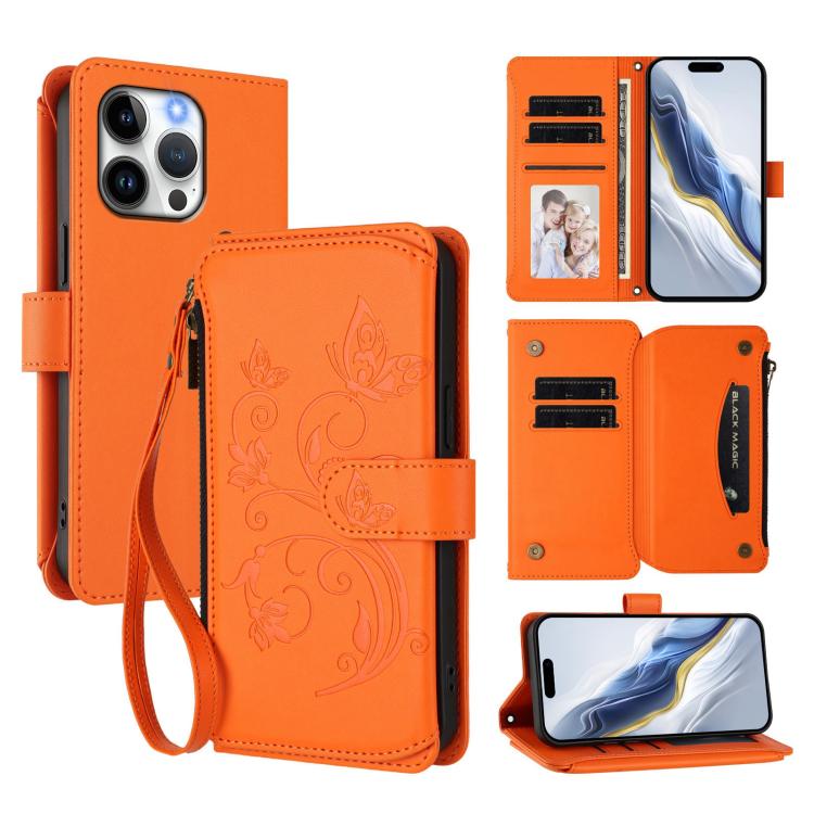 Funda de cuero con cremallera para iPhone 15 Pro, diseño de mariposas, flores y amor, con múltiples tarjetas (naranja)
