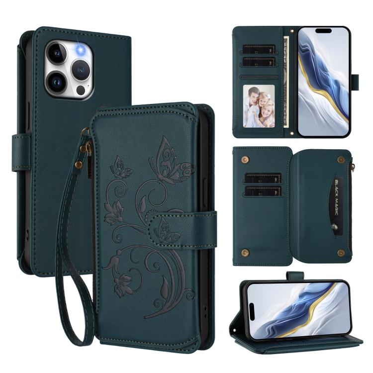 Funda de cuero con cremallera para iPhone 15 Pro, diseño de mariposas, flores y amor (verde oscuro)