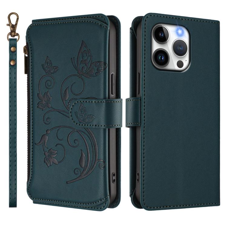 Funda de cuero con cremallera para iPhone 15 Pro, diseño de mariposas, flores y amor (verde oscuro)