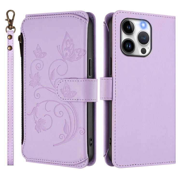 Funda de cuero con cremallera para iPhone 15 Pro, diseño de mariposas, flores y amor (morado claro)