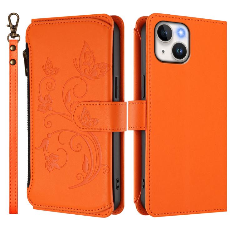 Funda de cuero con cremallera para iPhone 15 Plus, diseño de mariposas, flores y amor (naranja)