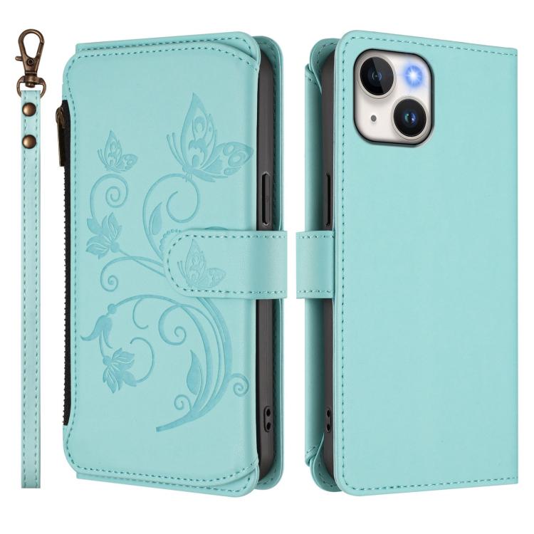 Funda de cuero con cremallera para iPhone 15 Plus, diseño de mariposas, flores y amor (verde menta)